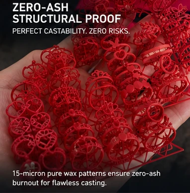 High-density build tray filled with complex 15-micron red build wax jewelry patterns and white soluble support wax. High-density build tray filled with complex 15-micron red build wax jewelry patterns and white soluble support wax.